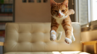 Cat jumping couch livingroom blurry - a window in the background free wallpaper