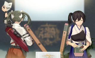 Anime characters weapons looking distance - each other holding free wallpaper