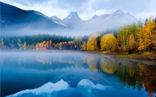 Lake mountains trees foggy sky 2 - mountain and trees free wallpaper