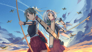 Anime characters flag sword cloudy - overhead in the background free wallpaper