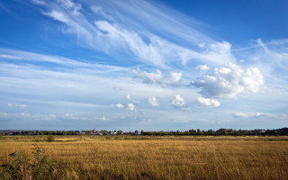 Field clouds houses trees landscape - house free wallpaper for desktop