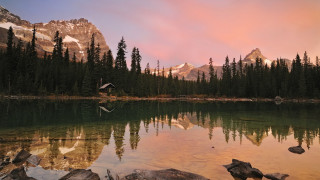 Mountain lake pink sky forest 3 - a mountain lake free wallpaper