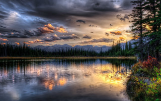 Lake forest mountains cloudy sky - tree and a forest free wallpaper