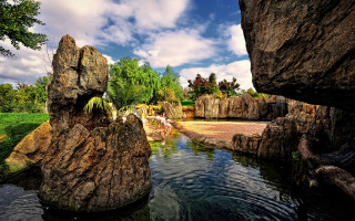 Pond rocks trees cloudy sky - a pond free wallpaper