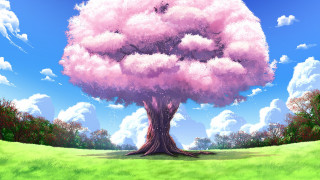 Pink cloud tree field flowers - grass and trees free wallpaper