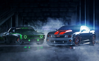 Two cars green lights dark - neon color free wallpaper