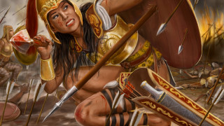 Woman kneeling sword shield blood - a sword and a shield free wallpaper