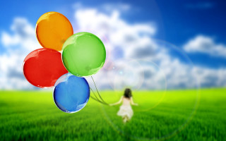 Balloons woman field sky clouds - art green free wallpaper