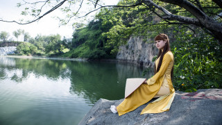 Woman yellow dress lake forest - movie free wallpaper