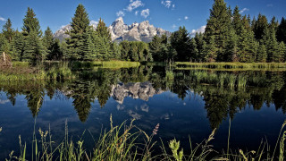 Mountain lake reflection nature puzzle - tree and grass free wallpaper for desktop