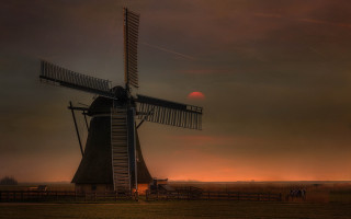 Windmill red sun fence field - a windmill free wallpaper