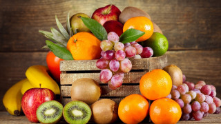 Wooden crate fruit oranges apples - grape free wallpaper