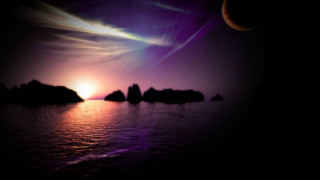 Sunset moon rocks water distant - a few star free wallpaper