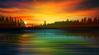 Sunset lake mountains trees cityscape - bob thompson free wallpaper