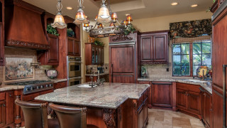 Kitchen marble counter wooden cabinets 2 - a kitchen free wallpaper