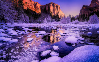 River snow rocks trees mountain 2 - a purple sky free wallpaper