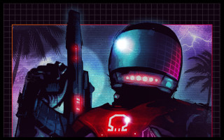 Helmet gun palmtree redlight retrofuturism - synthwave free wallpaper