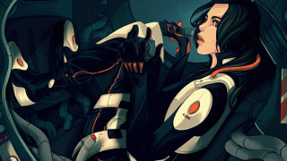 Cyberpunk futuristic suit woman space - her head and a cigarette free wallpaper