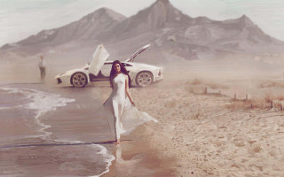 Woman beach car figurative matte - a hood open free wallpaper
