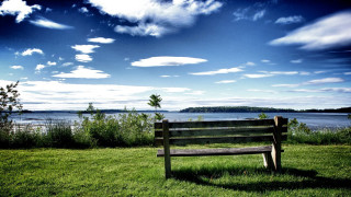 Wooden bench green lake sky - a wooden bench free wallpaper