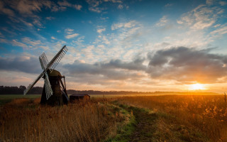 Windmill field sunset clouds path - the sun setting behind free wallpaper for desktop