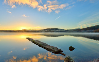 Lake sunset dock clouds rocks - a few rock free wallpaper