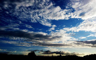Blue sky clouds trees bench - free sky wallpaper