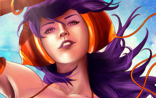 Woman headphones purplehair purpleeyes clouds - headphone free wallpaper for desktop