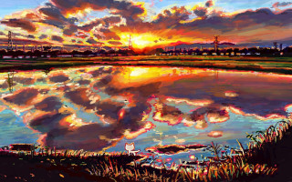 Sunset lake clouds windmill autumn - a lake in the foreground free wallpaper