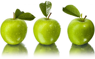 Three green apples leaves water - conceptual art free wallpaper for desktop