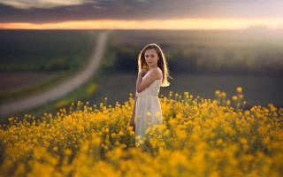 Woman yellowflowers road sunset autumn - yellow flower free wallpaper