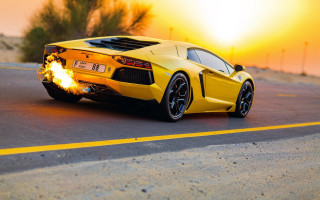 Yellow flames sports car sunset - flame free wallpaper
