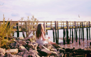 Woman rock water pier bird - overhead in the background free wallpaper