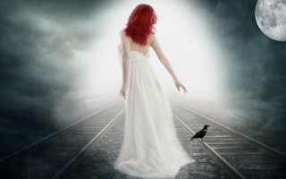 Woman white dress train tracks - train free wallpaper