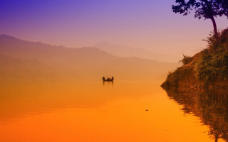 Mystical waterboat sunset dusk mountain - dai xi free wallpaper