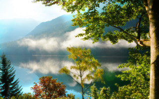 Lake trees clouds mountain autumn - german romanticism free wallpaper