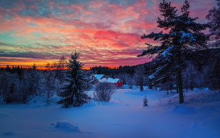 Sunset snowy landscape red house - bruno liljefors free wallpaper