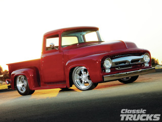 Red truck parked road forest - clean line free wallpaper