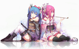 Anime girls sitting swords hatsune - one holding free wallpaper for desktop