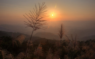 Sunset mountain foggy sky plant - dai xi free wallpaper