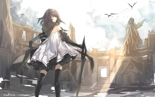 Woman sword city statue birds - a white dress holding free wallpaper for desktop