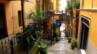 Narrow alleyway flowerpots magicrealism florenceenglebach - narrow free wallpaper