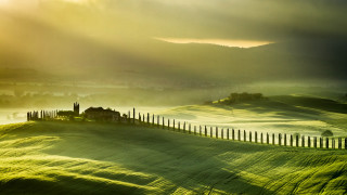 Green fence house sunbeam foggy - a sunbeam in the distance free wallpaper