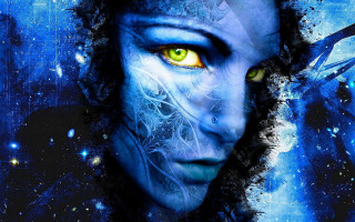 Blue skin woman yellow eyes 2 - biopunk free wallpaper