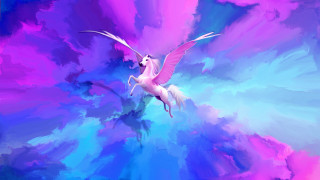 Unicorn flying pink blue clouds - matte fantasy painting free wallpaper for desktop