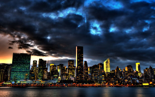 City skyline cloudy evening moon - ashcan school free wallpaper for desktop