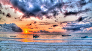 Sunset beach boats clouds pier - hdr free wallpaper