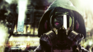 Man gas mask city street 2 - cyberpunk style free wallpaper