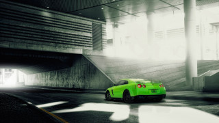 Green sports car tunnel city - a concrete wall free wallpaper