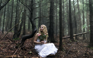 Woman white dress forest flower 2 - a pink rose free wallpaper